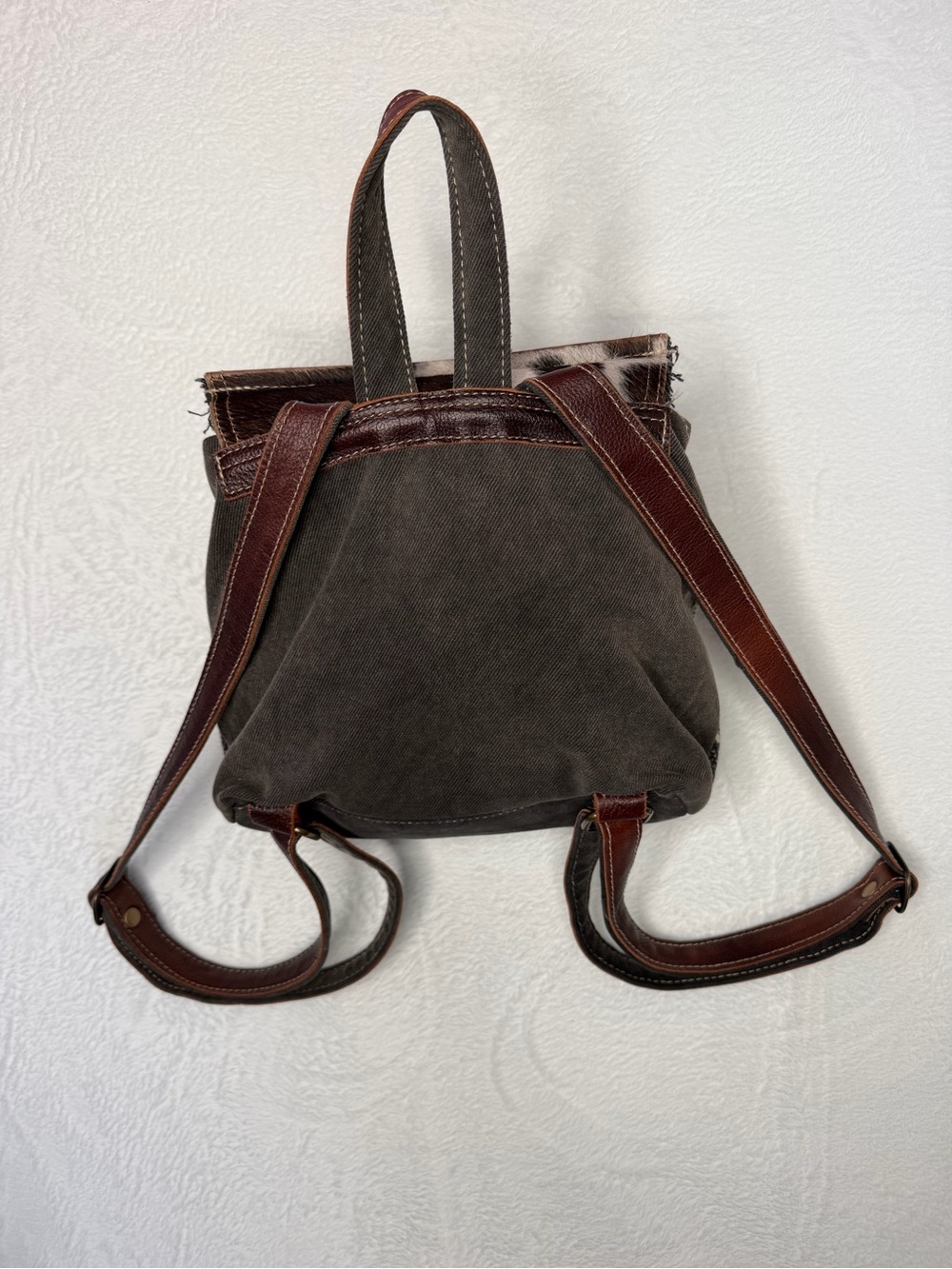 Myra Bag Carry Me Backpack Bag Cow Hide Pont Hair Bandana Print Canvas Leather - Picture 2 of 7
